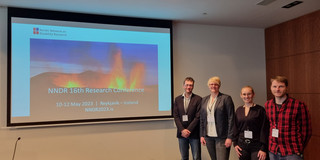 Bastian Pelka, Lena Hünefeld, Sophie Teborg, Frederik Winkelkotte bei der Präsentation. 